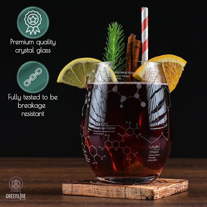 Greenline Goods Stemless Wine Glasses - 15 oz Set â€“ Science of Wine Tumblers (Set of 2) Etched with Wine Chemistry Molecules - Image 4